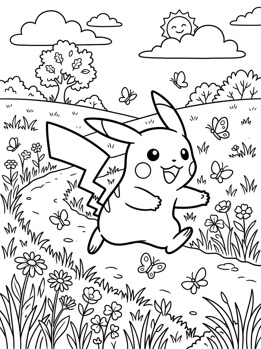 Pikachu corre felice nel prato