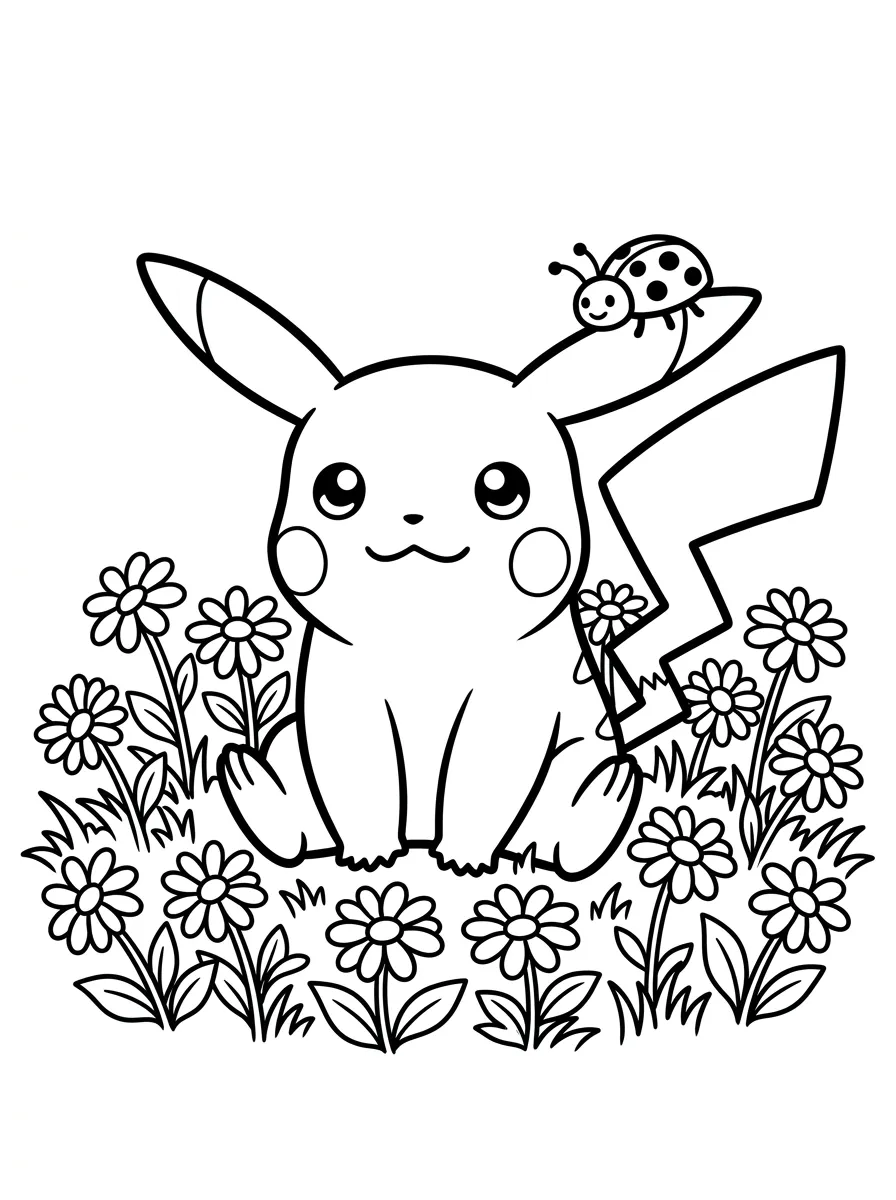 Pikachu Da Colorare tra margherite