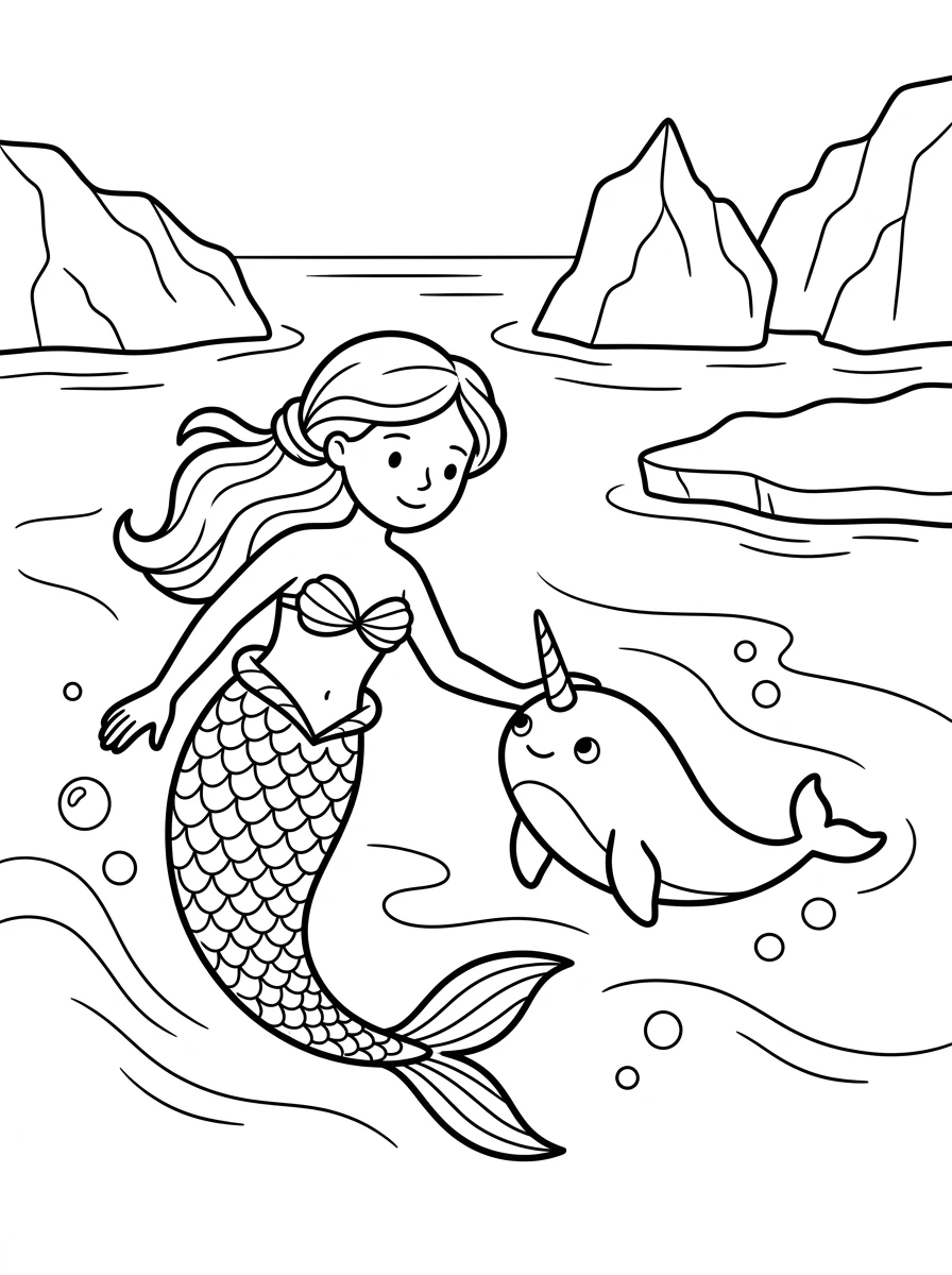 Sirena e piccolo narvalo